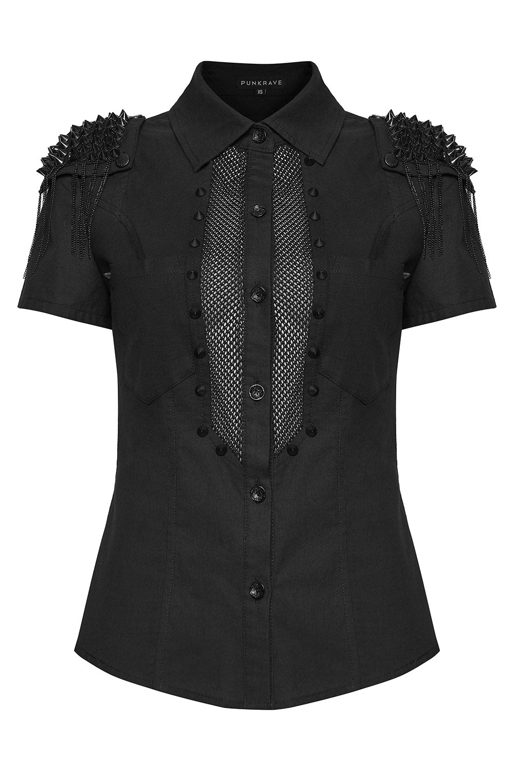 studded fishnet short sleeve shirt with epaulets 