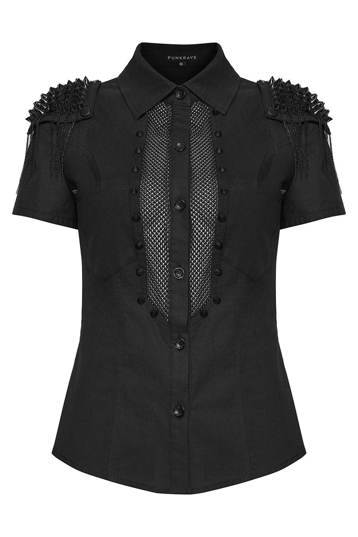 studded fishnet short sleeve shirt with epaulets 