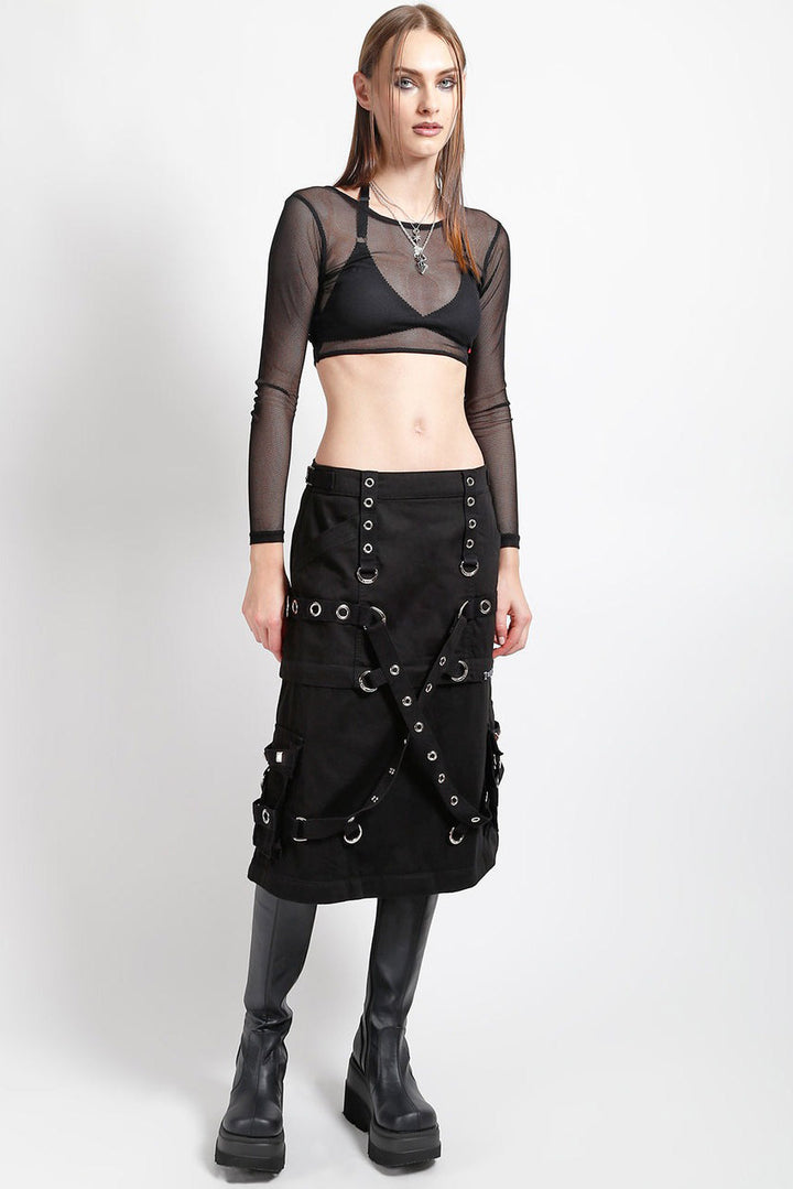 womens black studded and d-ring punk rock skirt