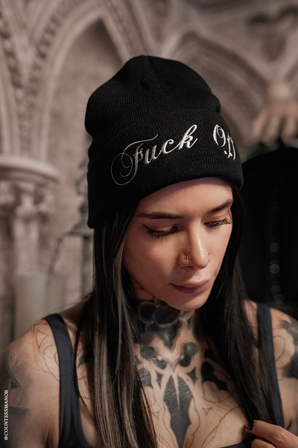 black punk ribbed beanie