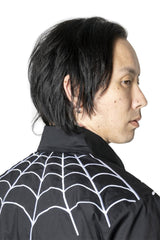 mens gothic buttoned shirt with front buttons, a collar, and spiderweb embroidery 