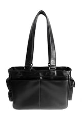 black vegan leather bag with tons of pockets and pouches