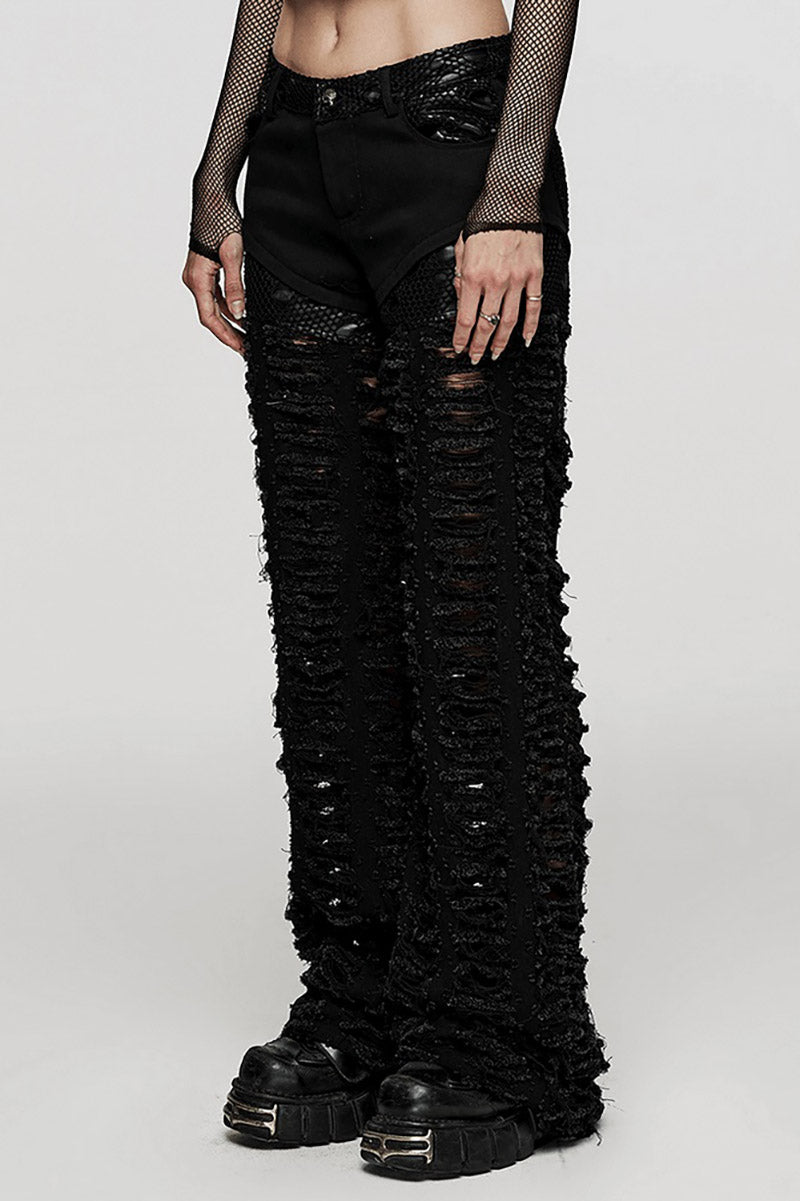 patchwork fishnet womens baggy ripped pants