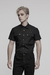 mens distressed studded button down shirt  with eyelets 