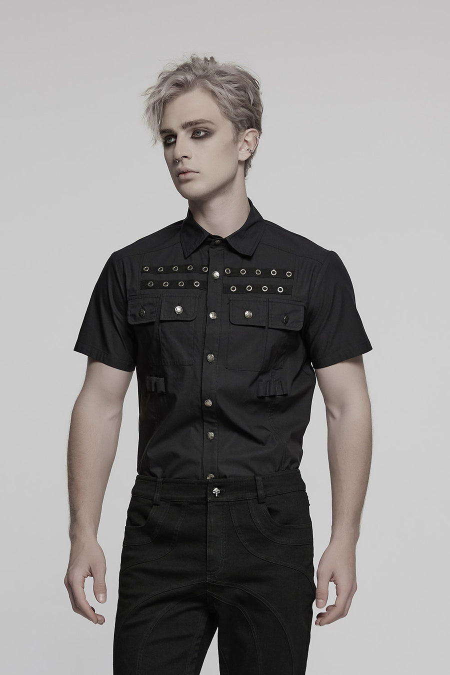 mens distressed studded button down shirt  with eyelets 