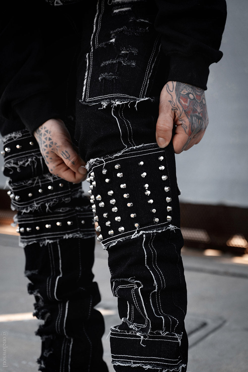 mens shredded punk studded straight-leg pants