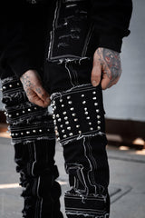 mens shredded punk studded straight-leg pants