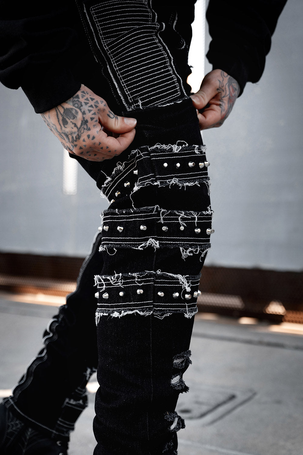 mens shredded grunge goth studded straight-leg  apocalyptic pants