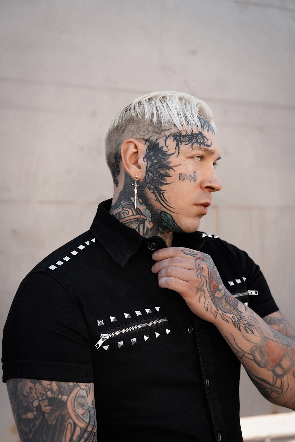 mens pointed collar button down pyramid studded punk rock shirt