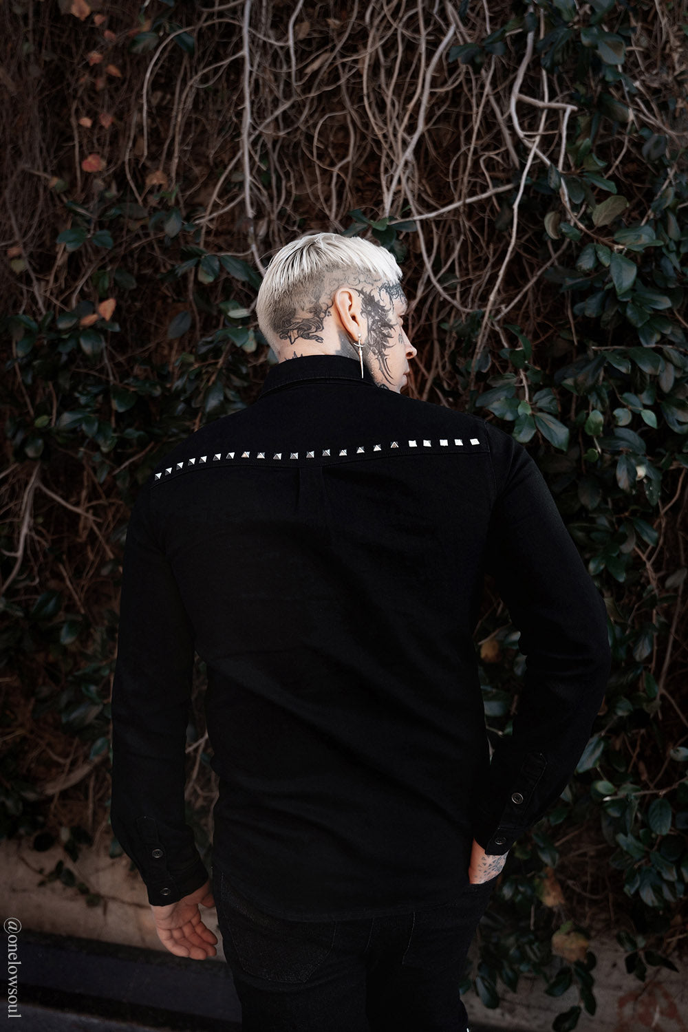 mens pyramid studded long sleeve punk button-down cuffed shirt