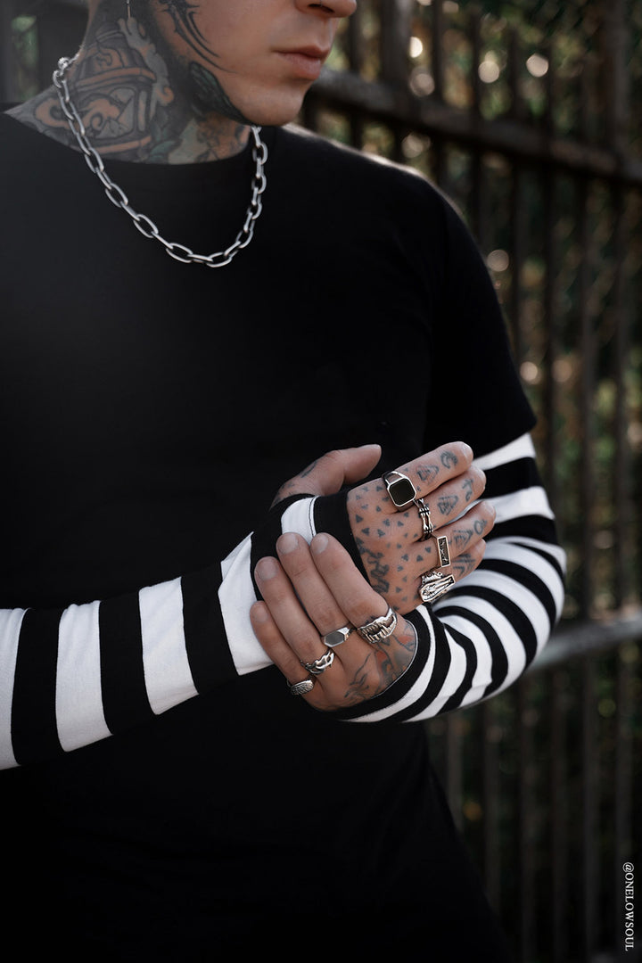 mens layered top with striped sleeves