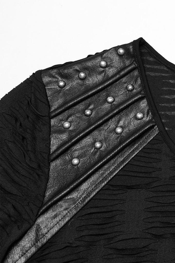 black vegan leather punk studded distressed short sleeve shirt for men