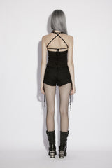 distressed lace-up fishnet corset shorts