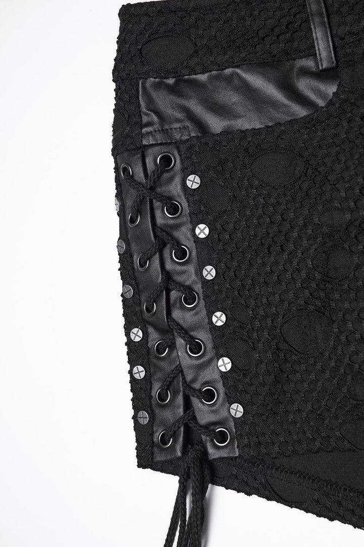 studded lace-up fishnet corset shorts
