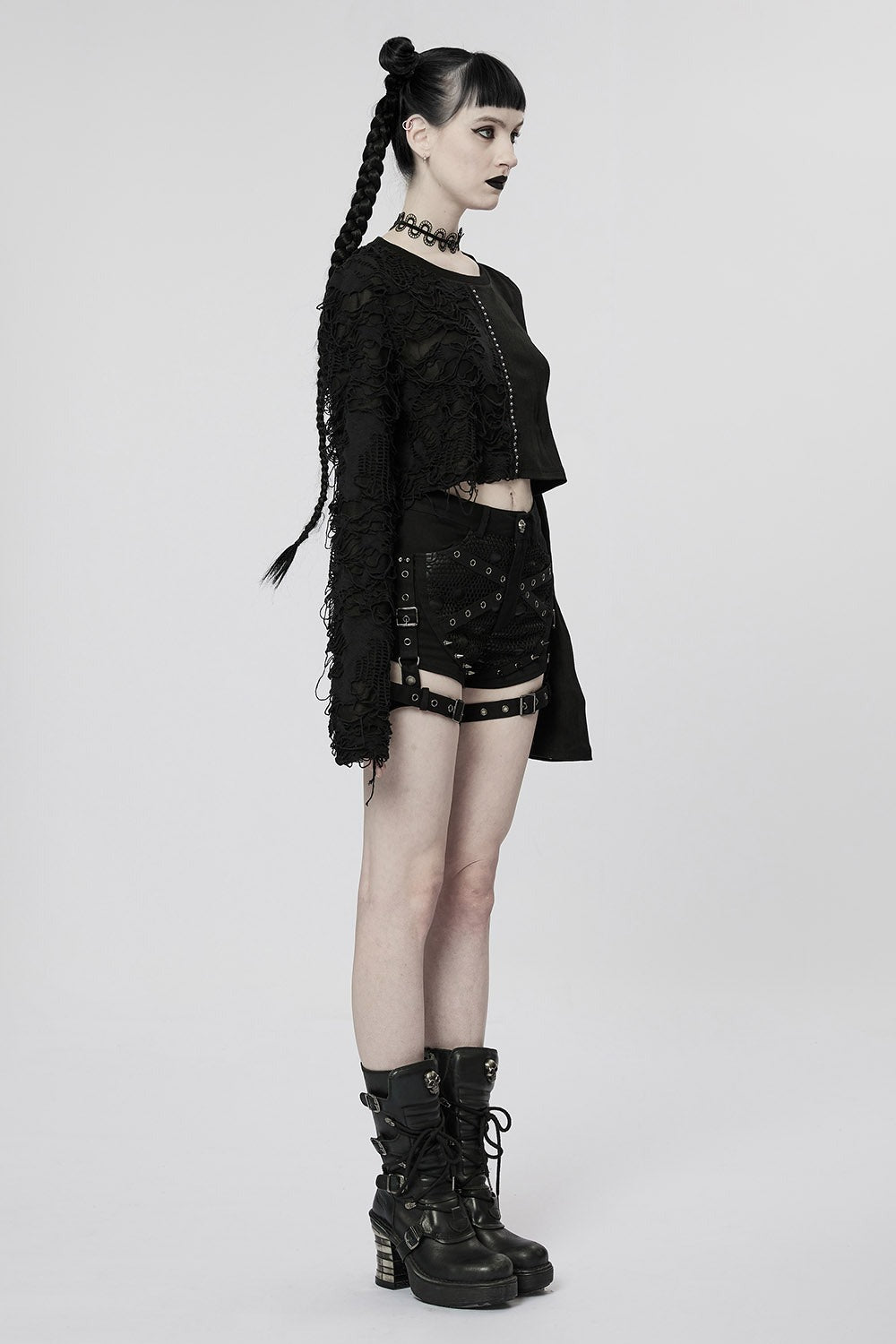 punk mini shorts with leg straps and eyelets nad spikes 