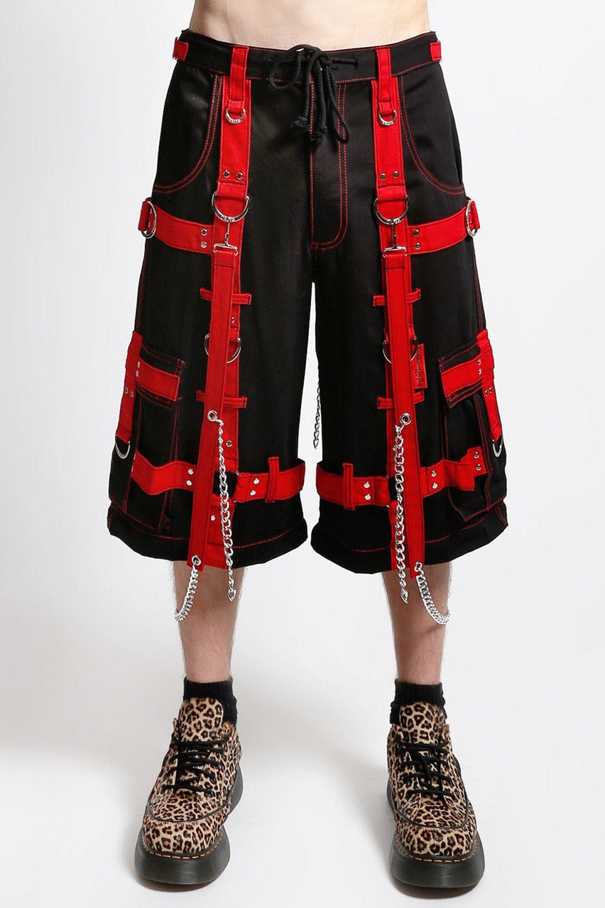red and black cargo shorts with straps 