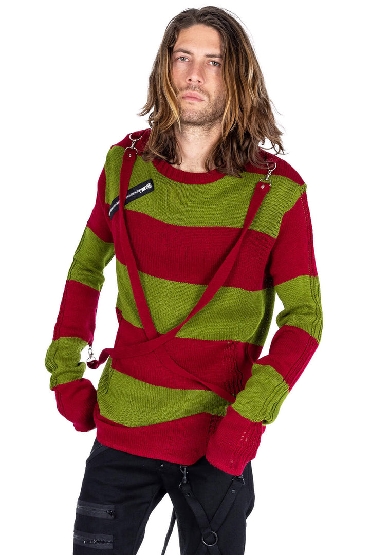 mens red and green striped sweater