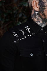 mens dark cotton denim pyramid studded long sleeve punk button-down shirt