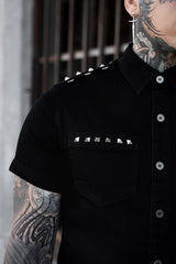 black denim pyramid studded short sleeve shirt