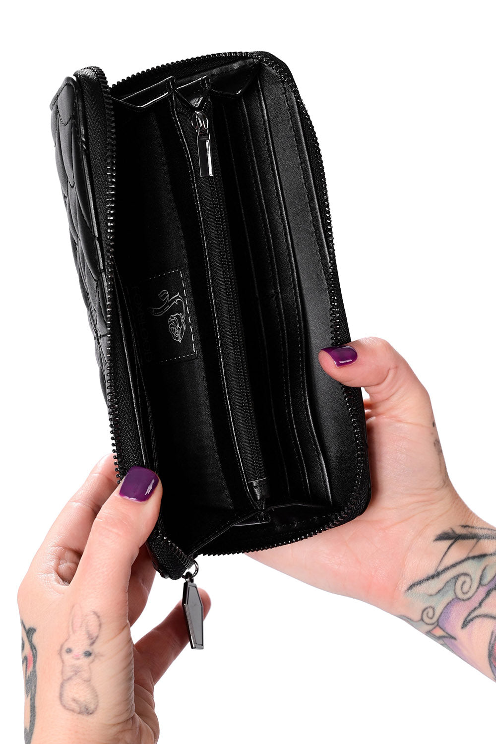 womens gothic black vegan leather wallet with zipper coin purse