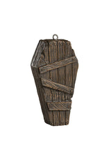Wooden coffin ornament on a white background