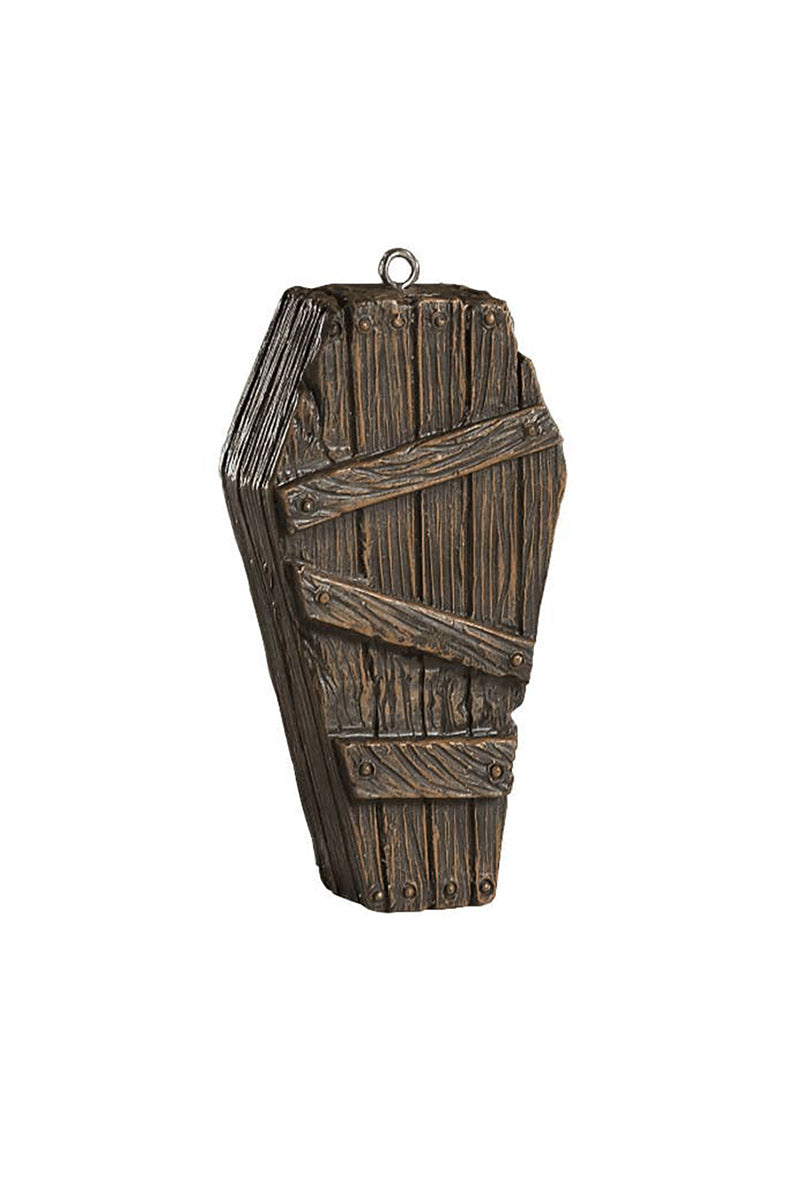 Wooden coffin ornament on a white background