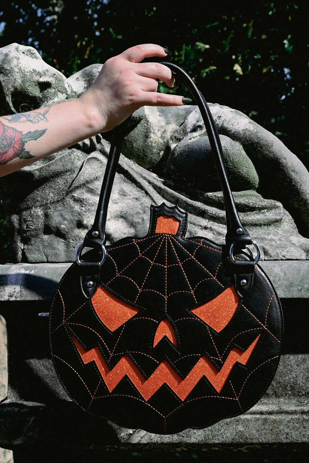 vegan black leather pumpkin handbag