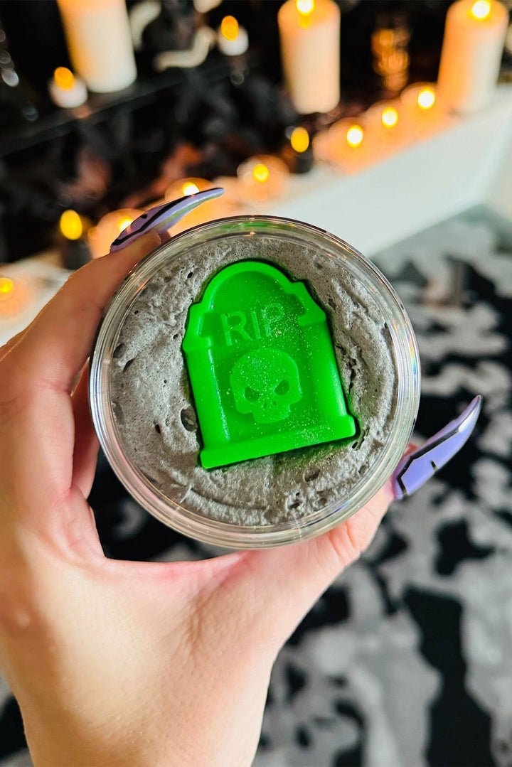 grey gothic sugar scrub for body with headstone soap