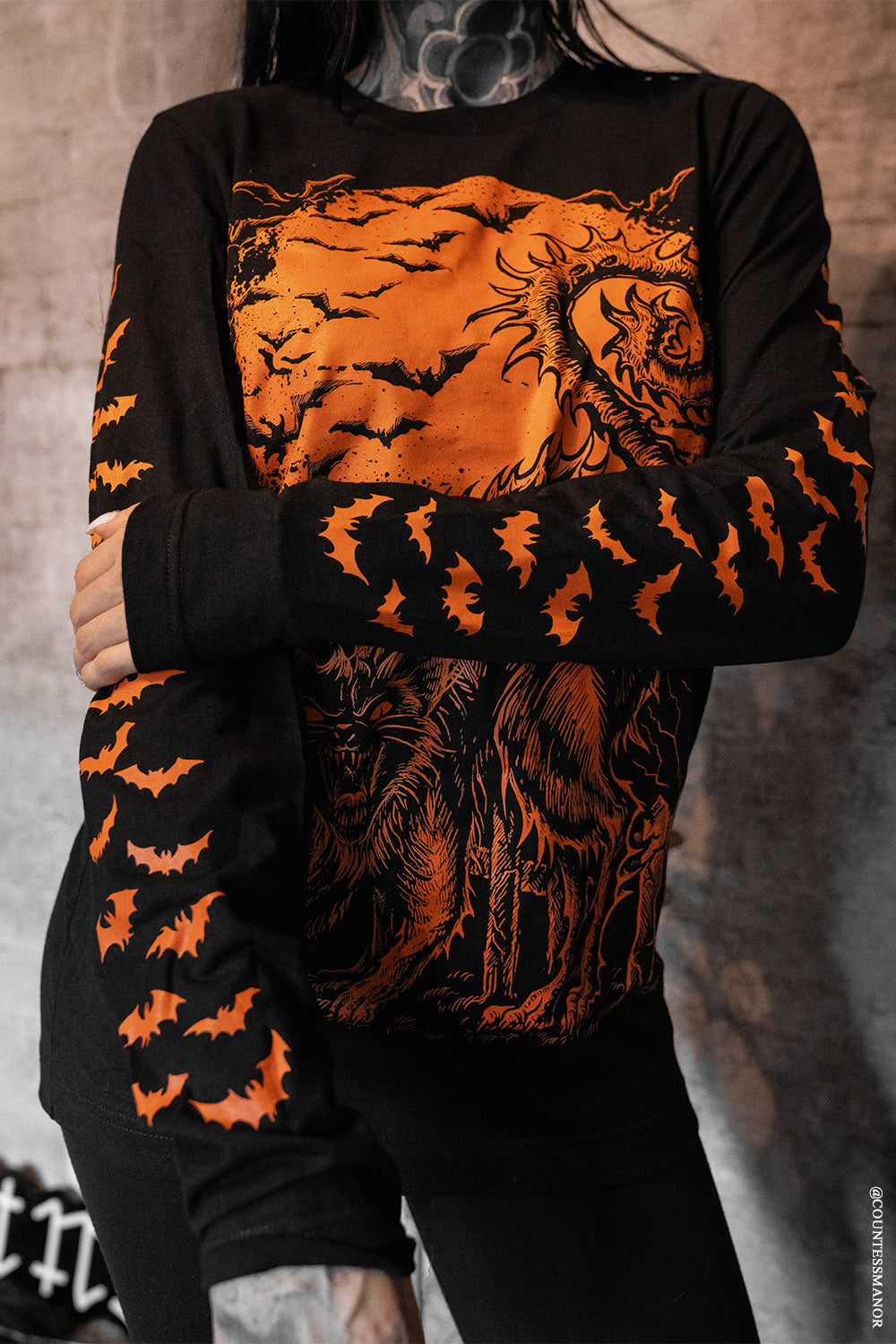pumpkin orange halloween goth shirt with bat sleeves 