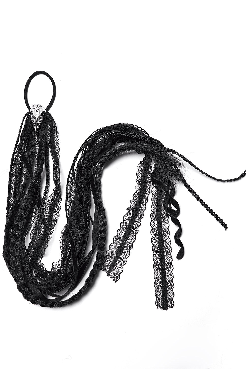 Black lace hair ties on a white background