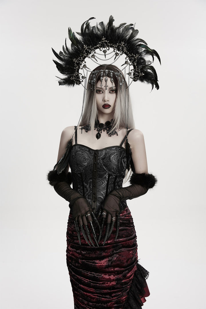 ornate feather, skull, and gothic cross headpiece 