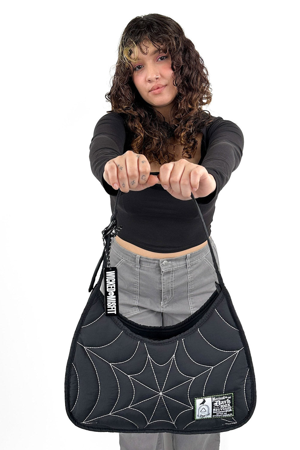 gothic puff embroidered spiderweb shoulder bag made of recyclable nylon