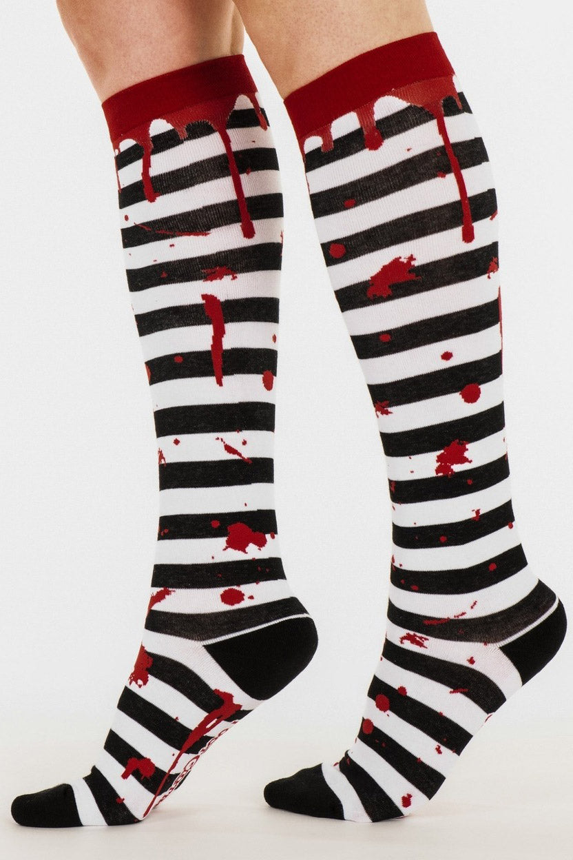 blood splatter black and white striped blood drip socks