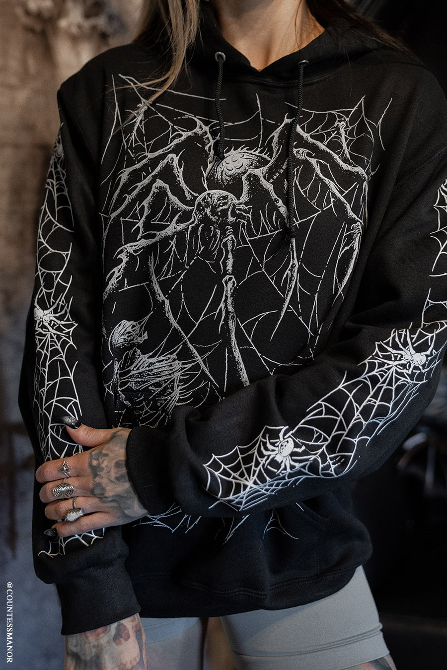 black widow spider hoodie with spiderweb sleeves