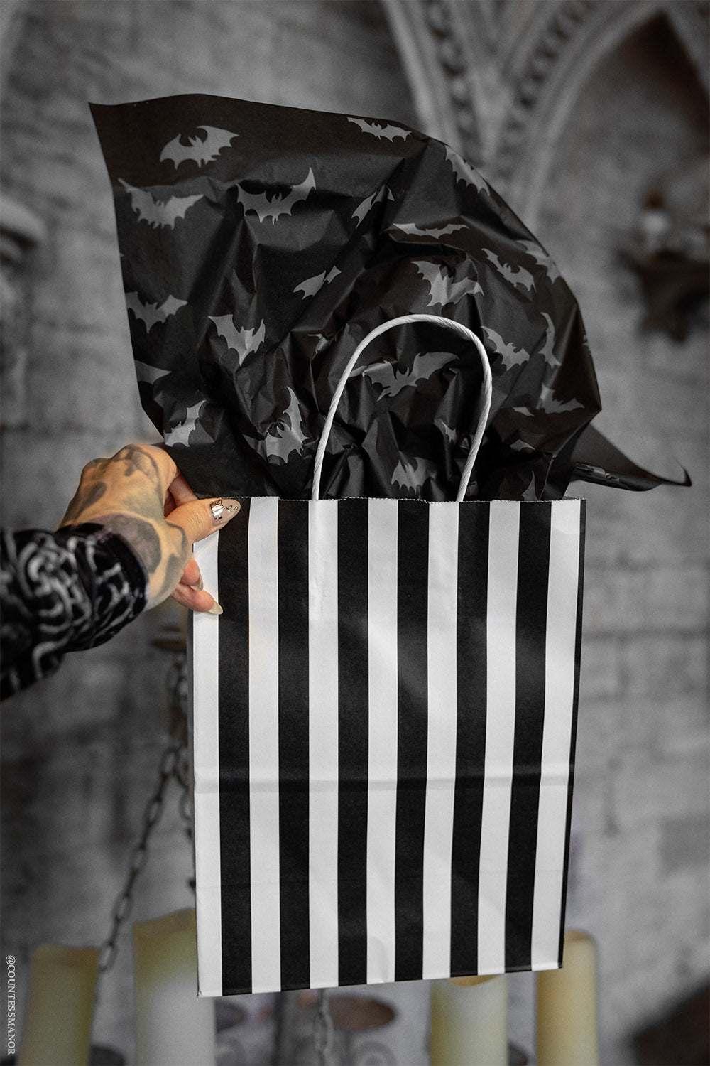 striped gift bag with gothic paper tissue paper