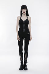 zippered womens black punk halterneck tank top