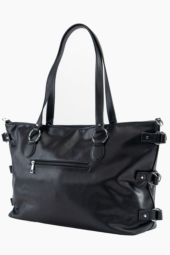 black punk rock studded large tote bag with o-rings