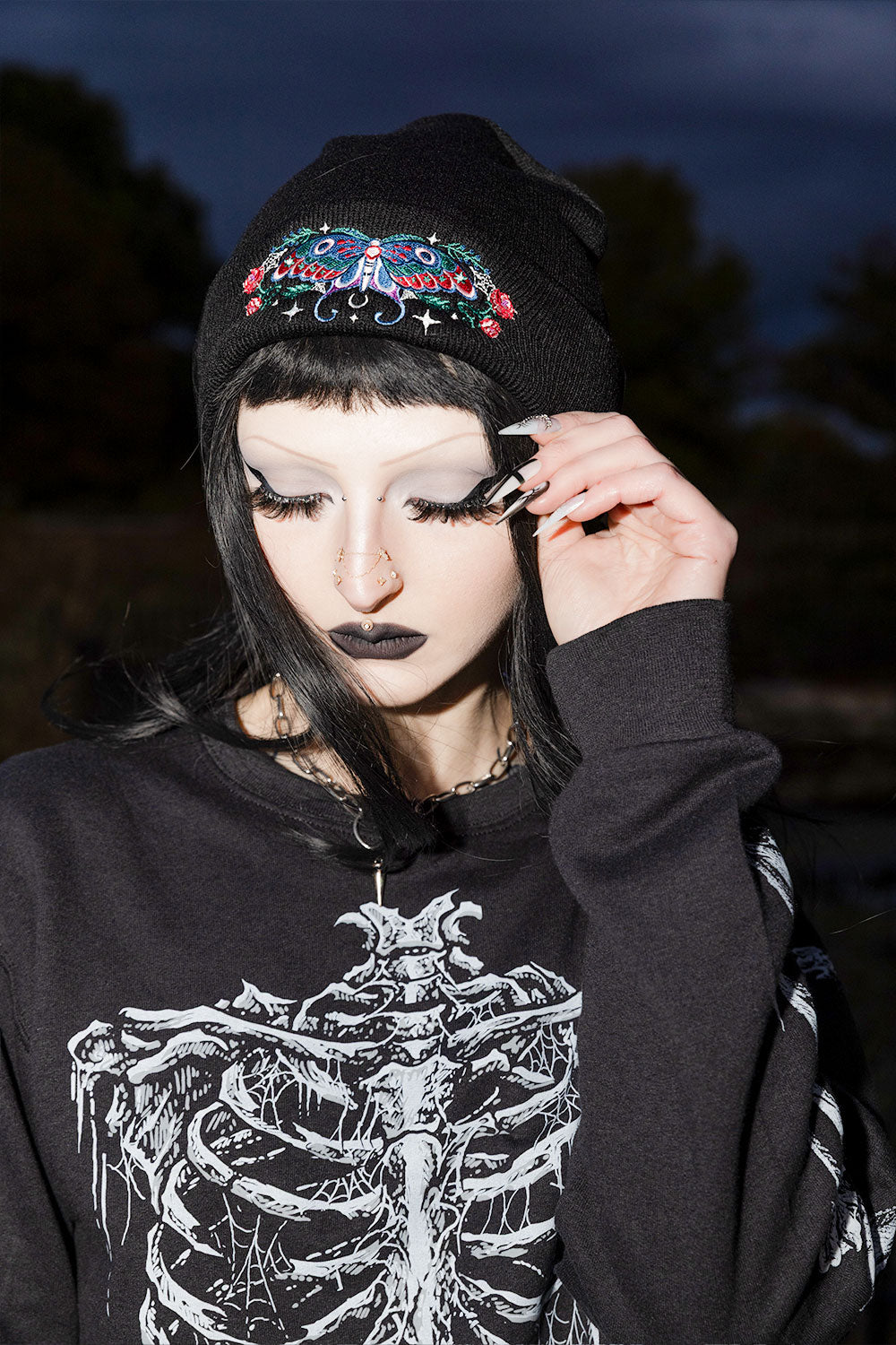 Gothic black Nightgarden Luna Moth beanie with embroidered moth roses and spiderwebs for dark alternative fashion