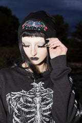 Gothic black Nightgarden Luna Moth beanie with embroidered moth roses and spiderwebs for dark alternative fashion