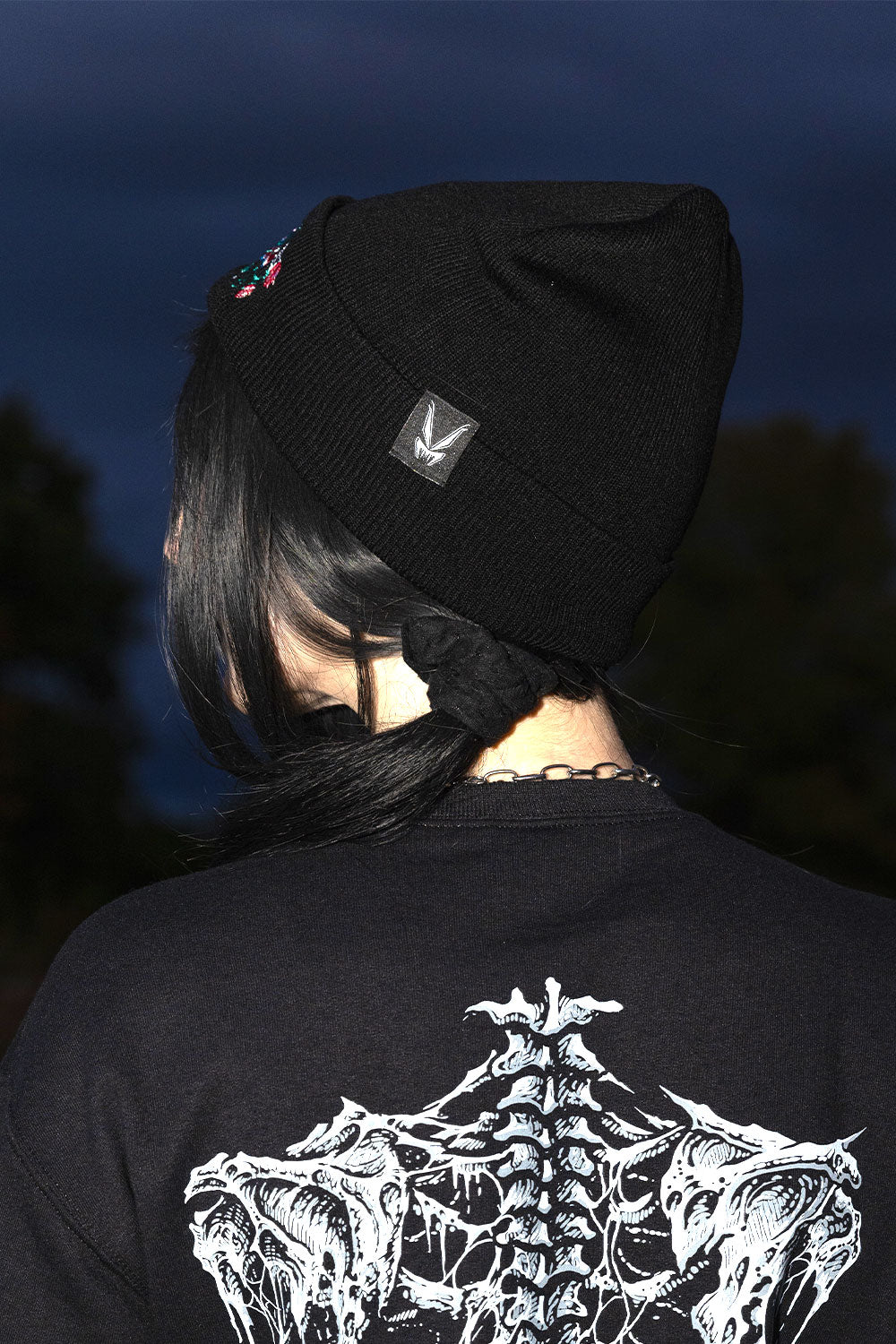 Whimsigoth luna moth knit beanie with silver celestial details for witchy grunge and gothic streetwear outfits