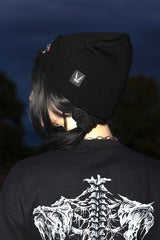 Whimsigoth luna moth knit beanie with silver celestial details for witchy grunge and gothic streetwear outfits