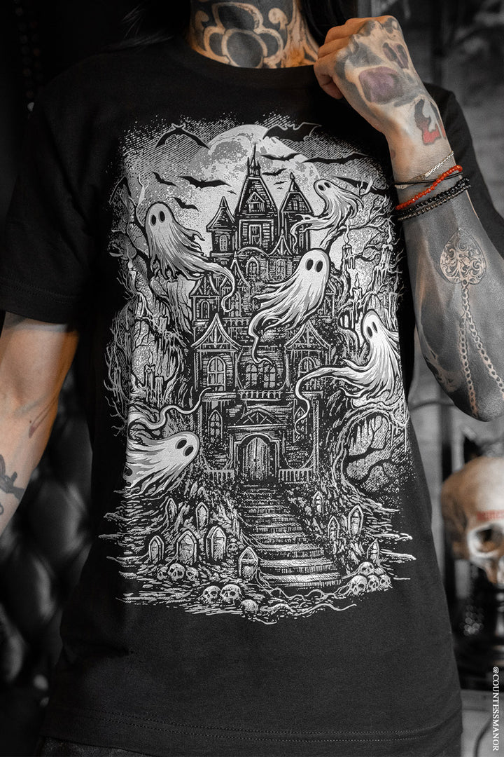 haunted house with ghosts graphic tshirt