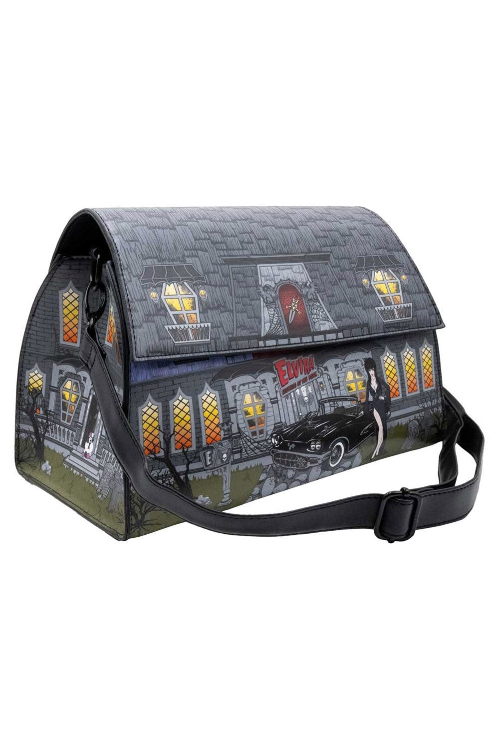 halloween haunted house shaped purse with elvira artwork 
