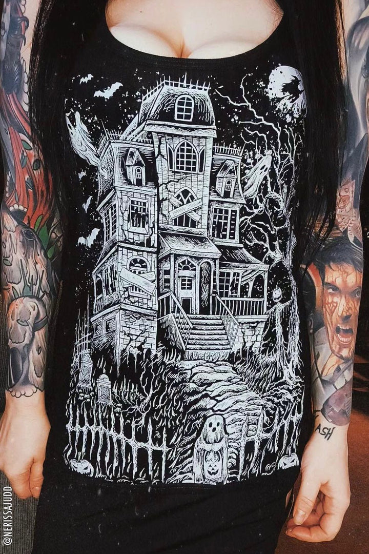 haunted house tank top graphic shirt