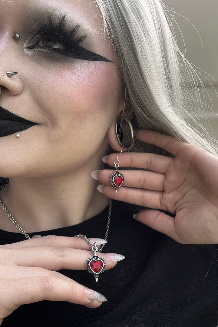 red heart gemstone necklace nad matching earrings 