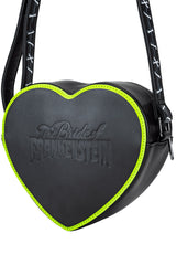 Heart-shaped black bag with 'The Bride of Frankenstein' text on a white background
