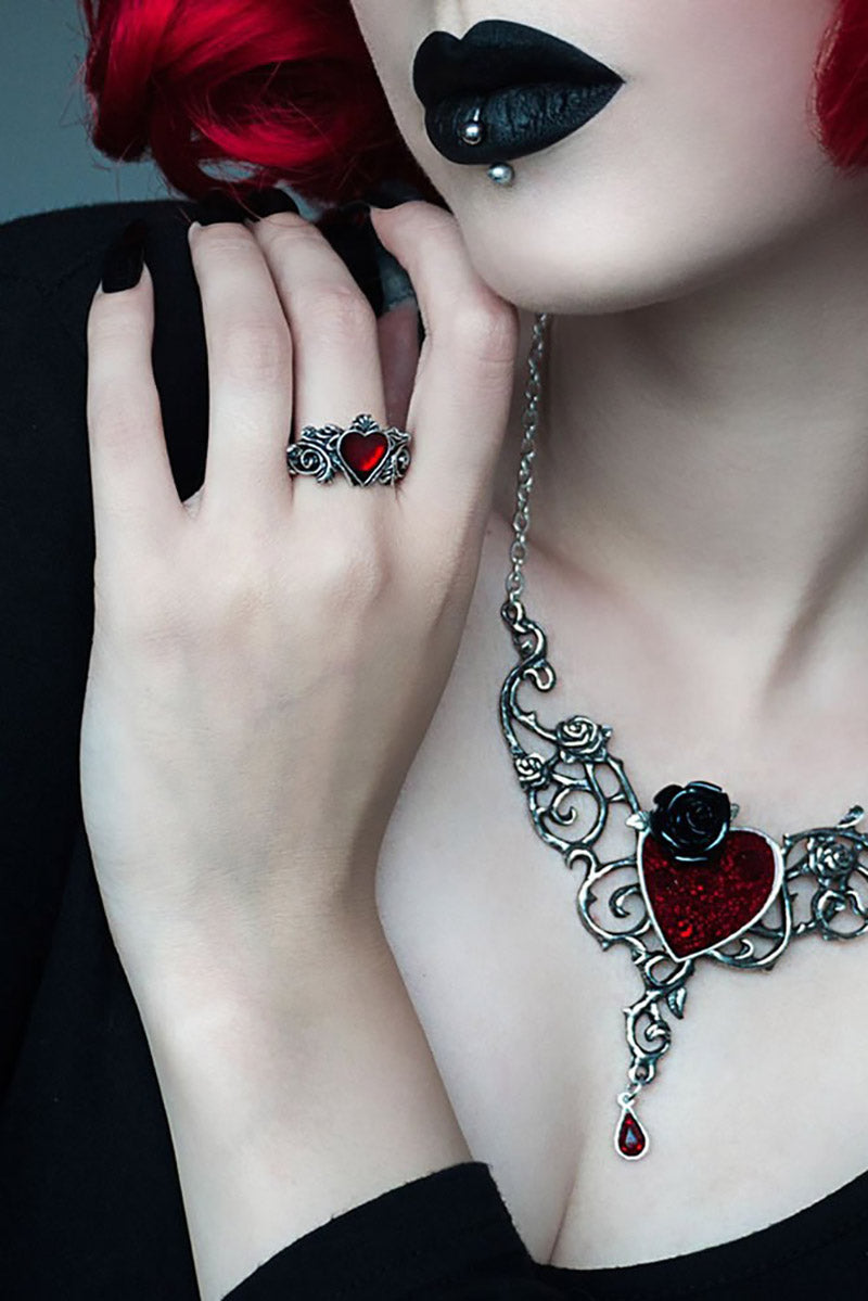 romantic rose heart pewter ring