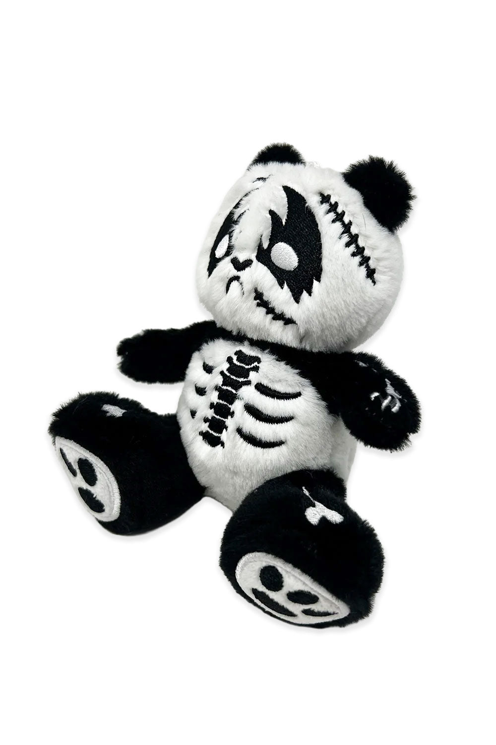 Heavy metal panda bear plush keychain with skeleton embroidery detail