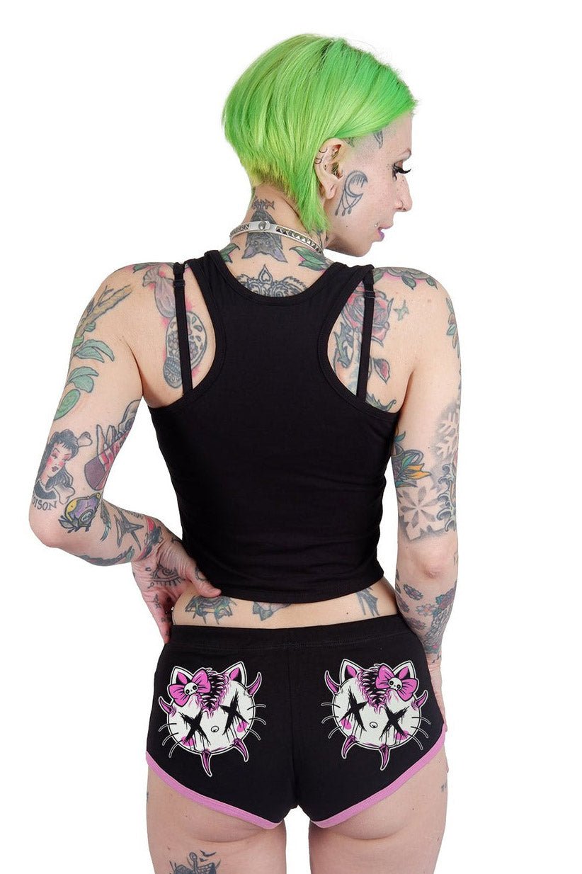 Hello Creepy Kitty Black & Pink Short Shorts - womens bottoms - VampireFreaks - Too Fast