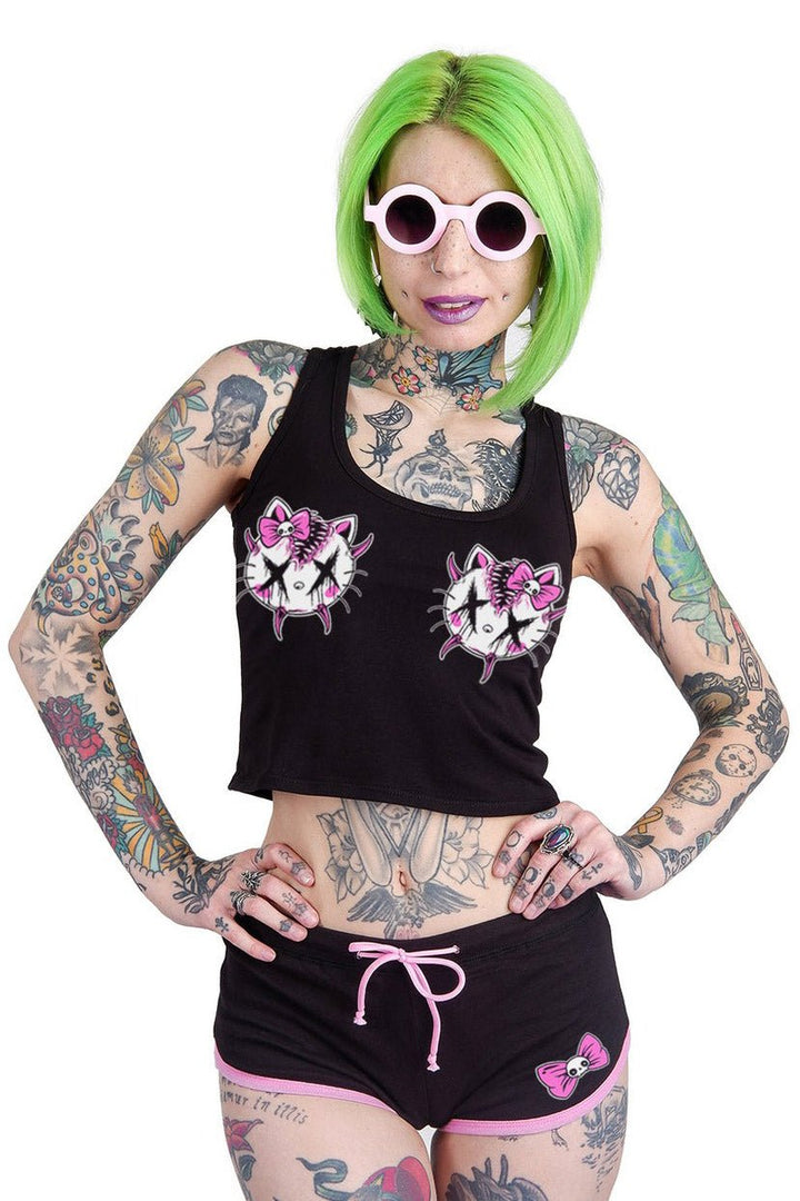 Hello Creepy Kitty Black & Pink Short Shorts - womens bottoms - VampireFreaks - Too Fast